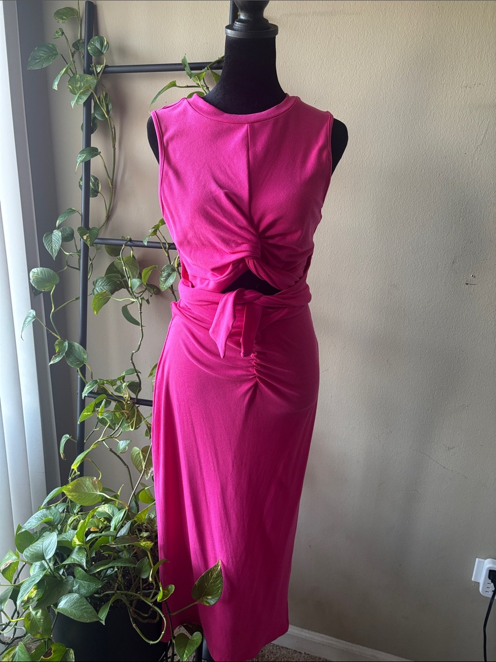 Sleeveless Twist-Knot Cutout Maxi Dress in Hot Pink